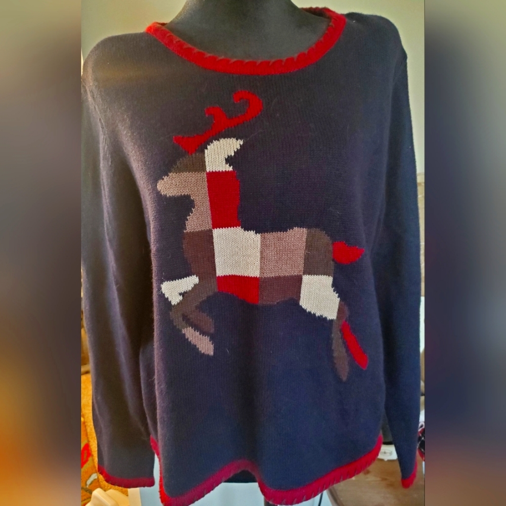 NWT Christopher & Banks Women's Reindeer Sweater Size Large-Hand Embroid…